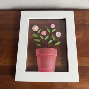 Pink Button Flower Pot White Frame Picture 9.25" x 11.5" Girlhoodcore Handmade